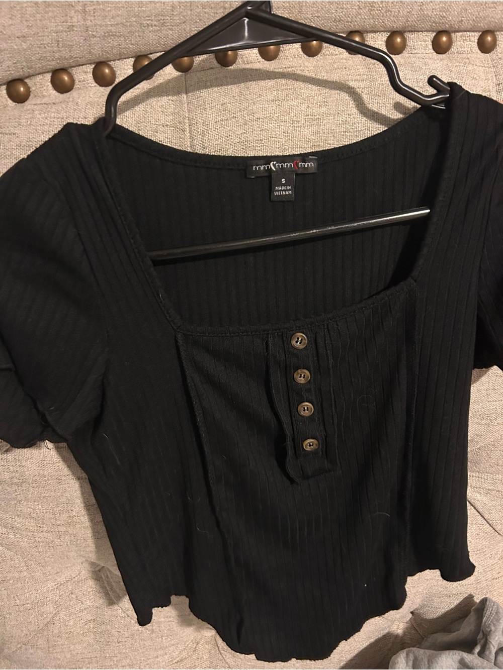 Ribbed Square-Neck Button Crop Top - Black